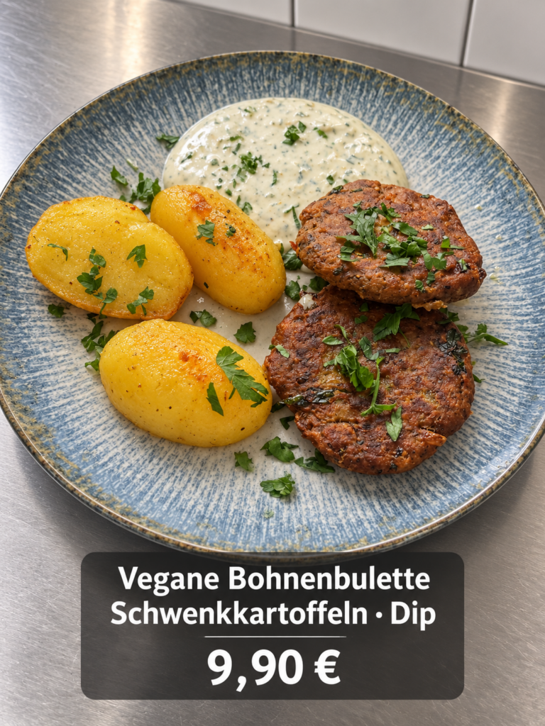 Vegane Bohnenbulette mit Schwenkkartoffeln