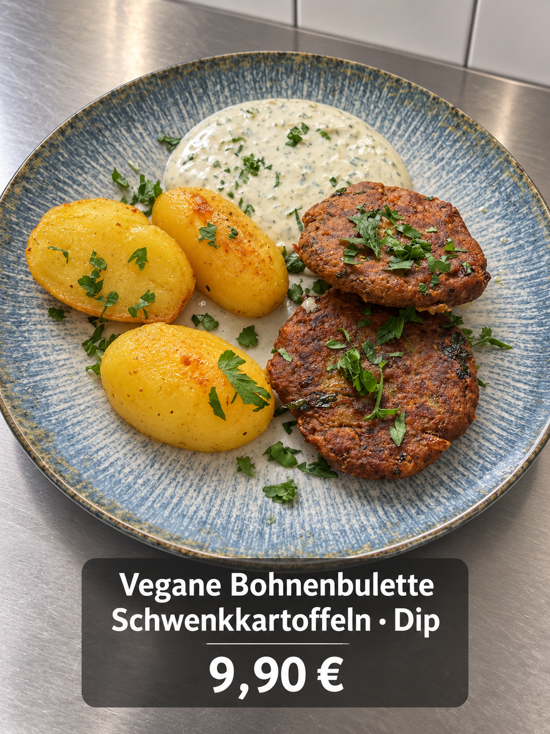 Vegane Bohnenbulette mit Schwenkkartoffeln