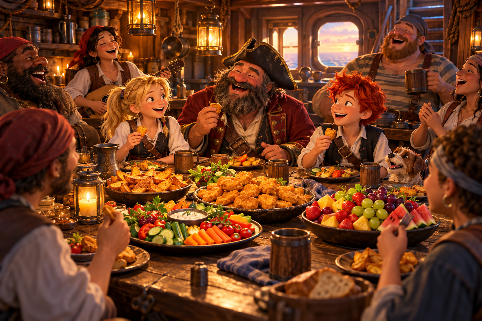 Mia, Lino und die Piraten teilen Nuggets, Kartoffelecken, Gemüse und Obst am Tisch.