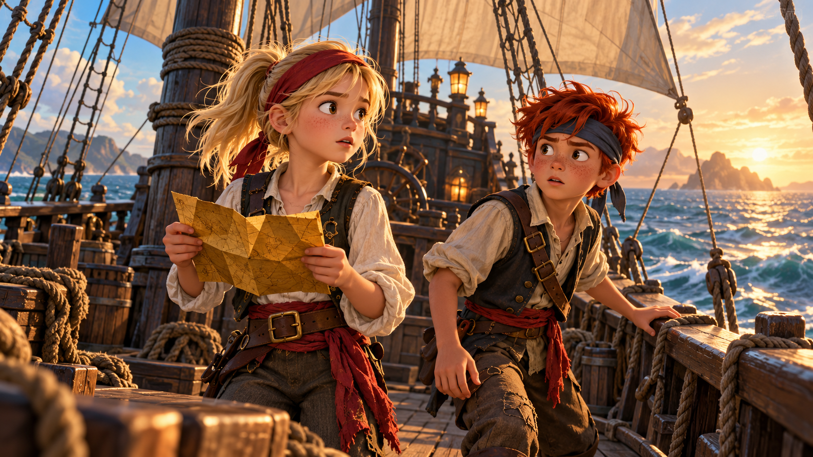 Mia und Lino stehen in Piratenkleidung auf dem Deck der Knusper-Korsar und halten eine Karte.
