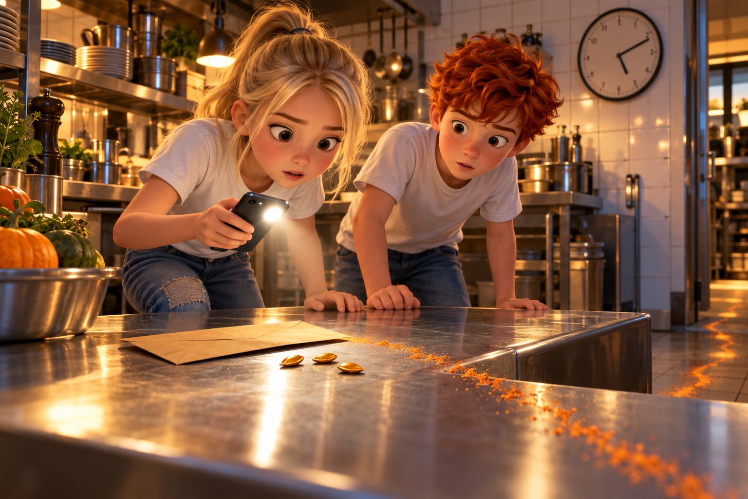 Mia und Lino entdecken bei Taschenlampenlicht drei goldene Kürbiskerne auf der Café-Theke.